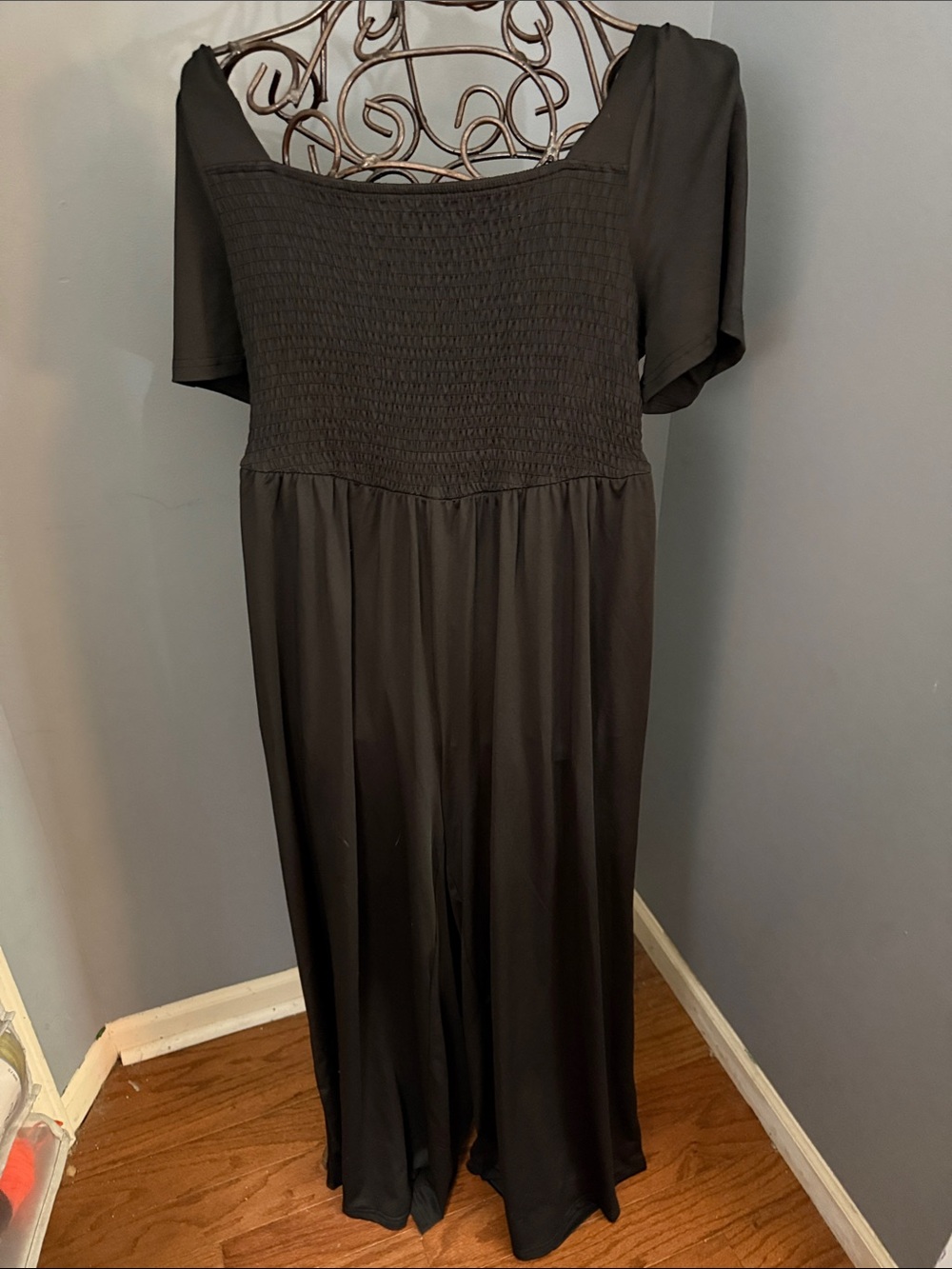 Black Smocked Maxi Jump Suit with Short Sleeves